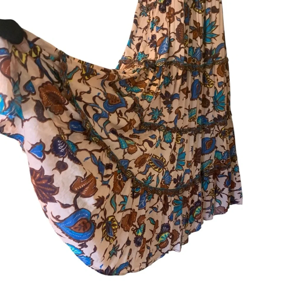 Anthro Love the label V-neck tiered ruffled maxi dress browns blues floral New S - Picture 11 of 16
